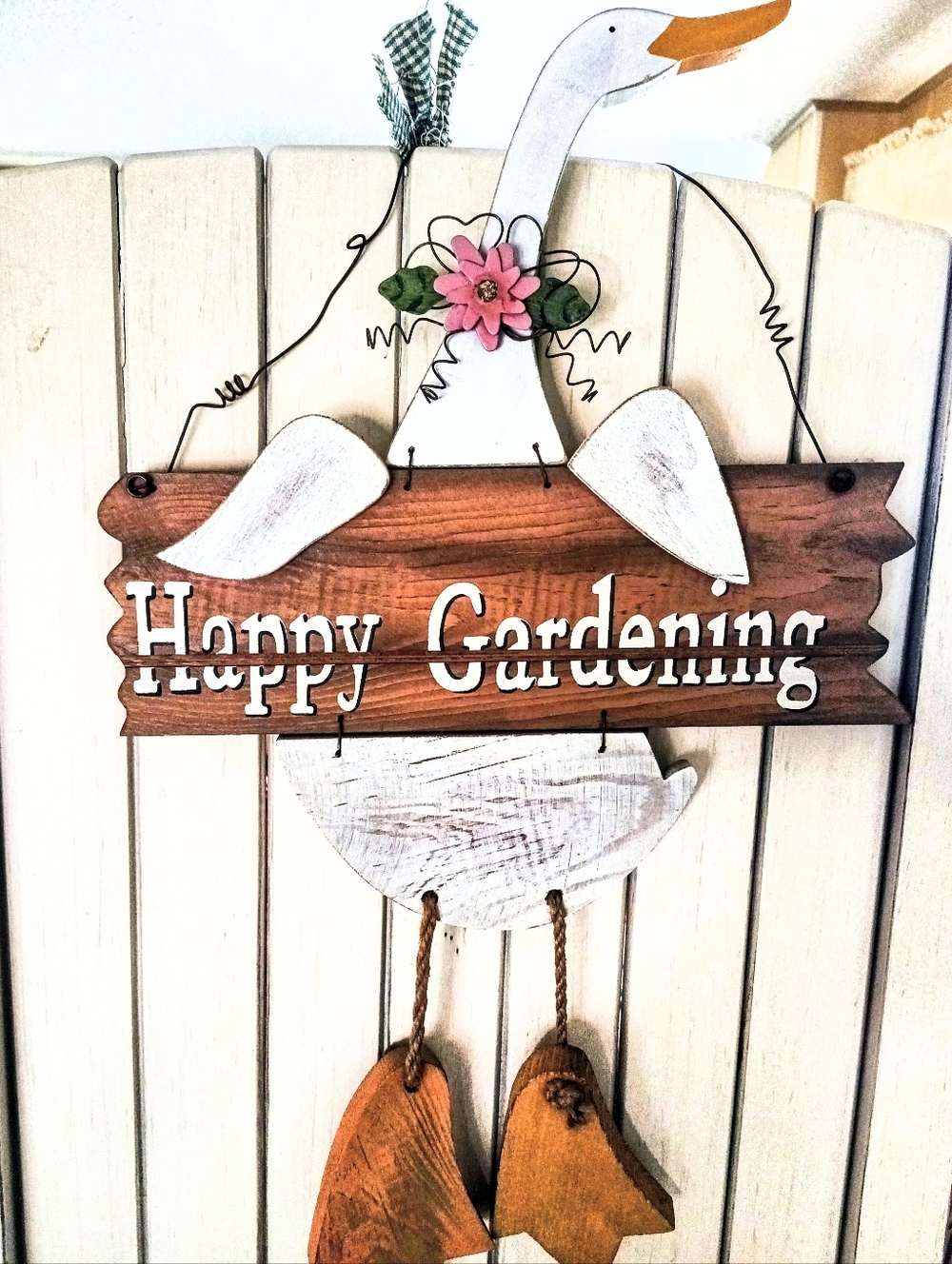 Happy Gardening Wooden Goose Wall Hanging - White & Brown